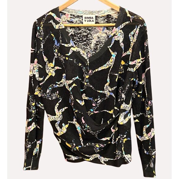 Bimba Y Lola Black Abstract Wrap Front Linen Sweater Medium Artsy Eclectic Print - Picture 1 of 7